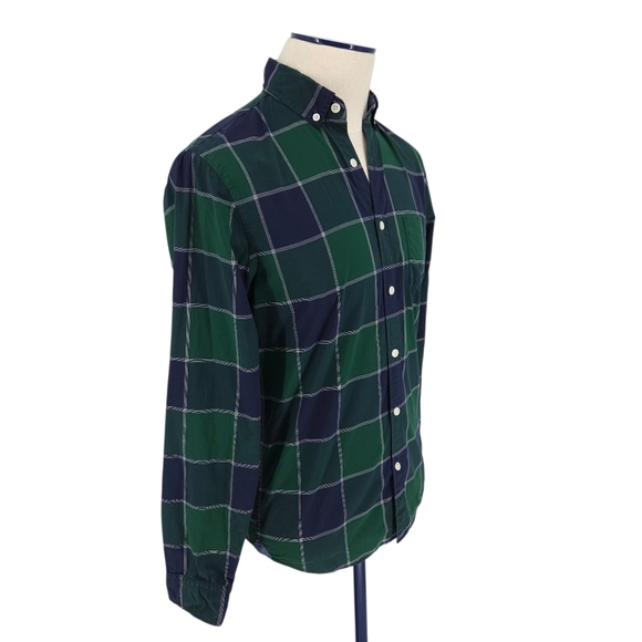 Express Slim Shirt Green Navy Plaid Long Sleeve Button Up Collared Mens Small - Picture 2 of 5